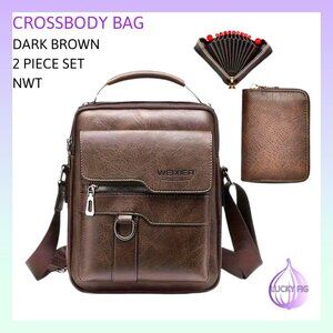 NWT LARGE SIZE Dark Brown Leather Crossbody Bag & Card Holder
